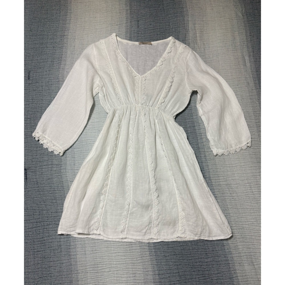 Valentina Naldi White Linen Lace Trim Empire Waist Mini Dress Made in Italy L